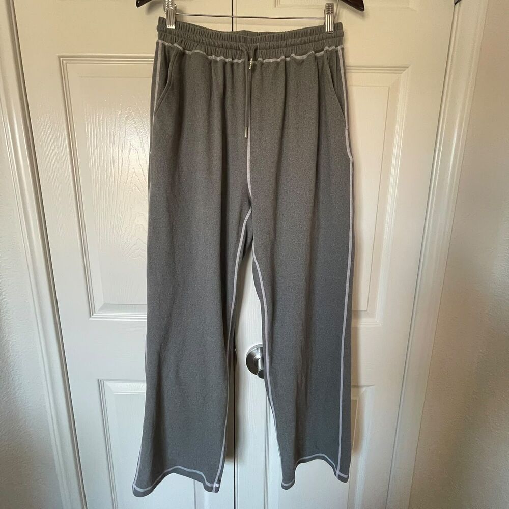 Womens XL Grey Wide Leg Contrast Stitch Sweatpants Drawstring Lounge Pants XL - Picture 4 of 10